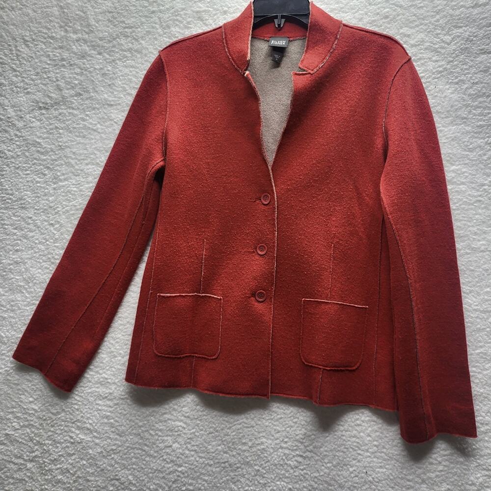 EILEEN FISHER women's M 100% merino wool red and beige button jacket